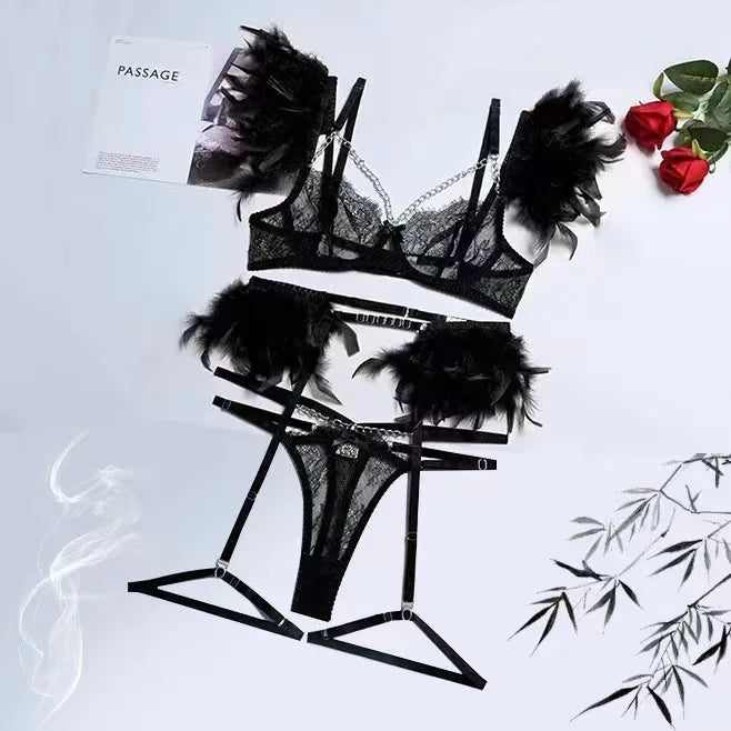 Toucheart 4 Piece Set Fun Lingerie For Women Feather Lace Splicing Chain Sexy Slim Mesh See-Through Sexy Lingerie Garters Suit