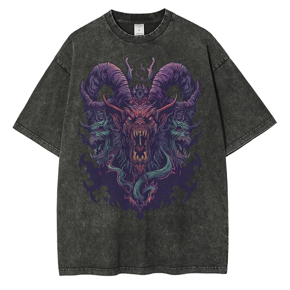 Cotton Distressed Batik Washed Graphic T-shirts Hell Demon Beast Printed T-shirt Drop Shoulder Vintage Oversized T-shirt 230GSM