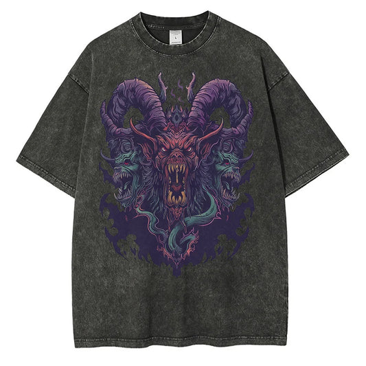 Cotton Distressed Batik Washed Graphic T-shirts Hell Demon Beast Printed T-shirt Drop Shoulder Vintage Oversized T-shirt 230GSM