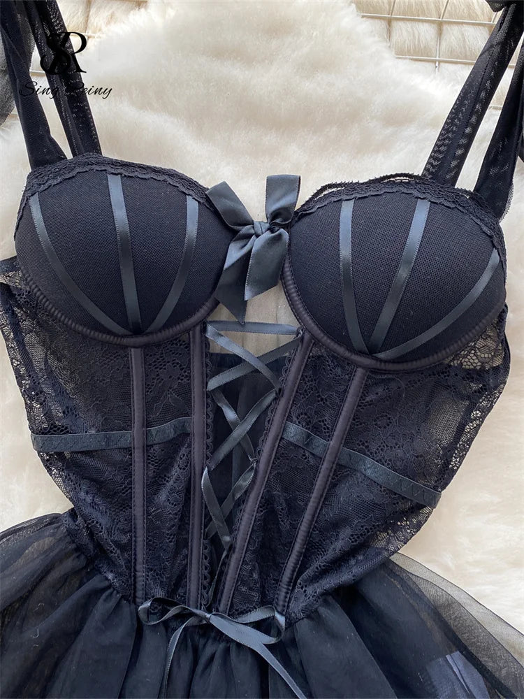 SINGREINY Sexy Role Play Wedding Dress Female Spaghetti Strap Sheath Sleepwear Nightwear Women Lace Spliced Gauze Erotic Pajamas