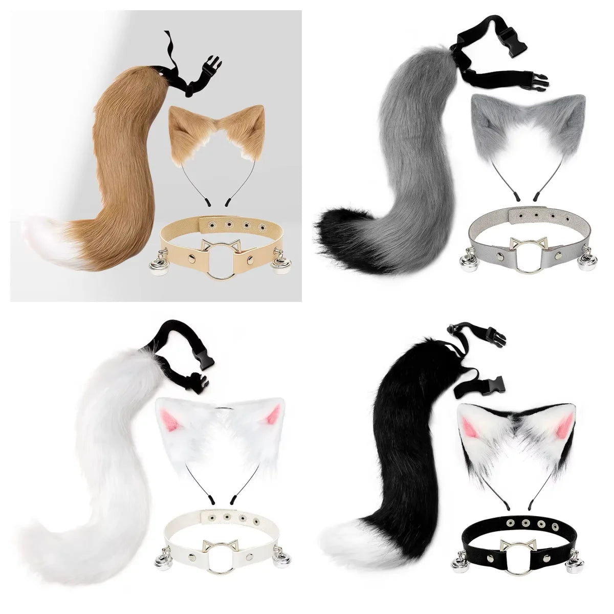 Fox Cat Ears Mask+Tail +Gloves，Fluffy Animal Headwear Ears Hairpin+Tail +Bell，Hair Hoop Set for Halloween Cosplay Accessories