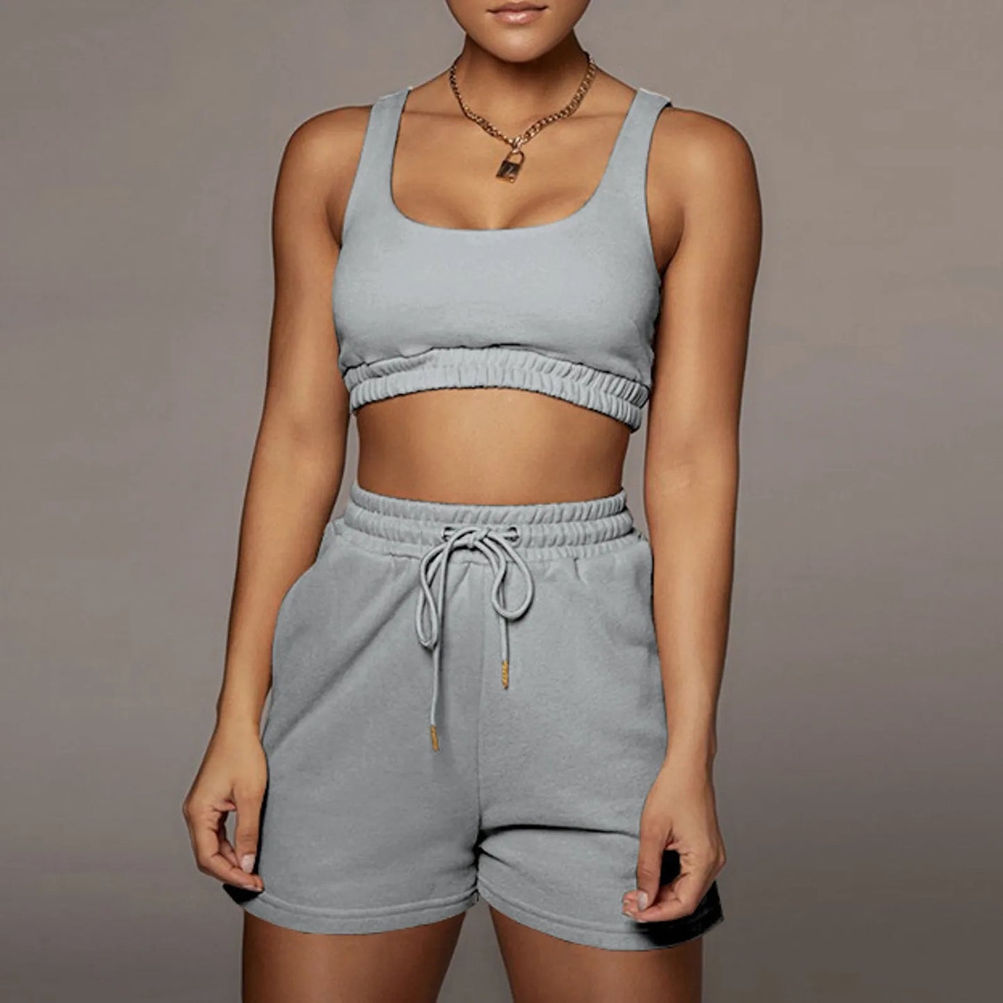 Crop Tops And Drawstring Shorts Set Sexy U-Neck Fitness Tank Top Summer Athleisure Biker Shorts Two Piece Sets Women Streetwear