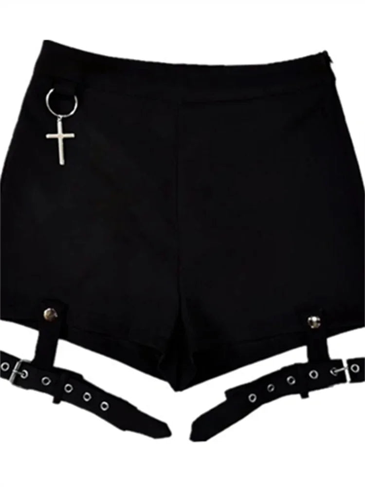 Harajuku Retro Fashion Women 2023 New Gothic Punk Shorts Solid Color Belt Patchwork High Waist Gothic Style Spring Ladies Shorts