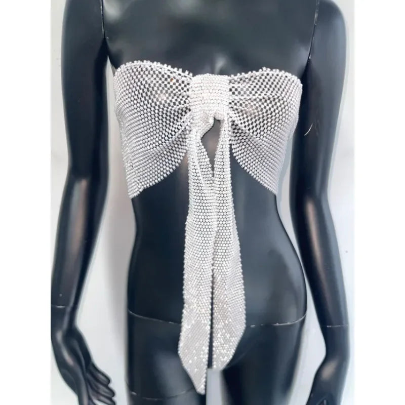 Toucheart Sexy Bow Knot Lace Up Strapless Bra For Women Rhinestone Tube Top Hollow Out Perspective Sexy Hottie Fishnet Bodysuit