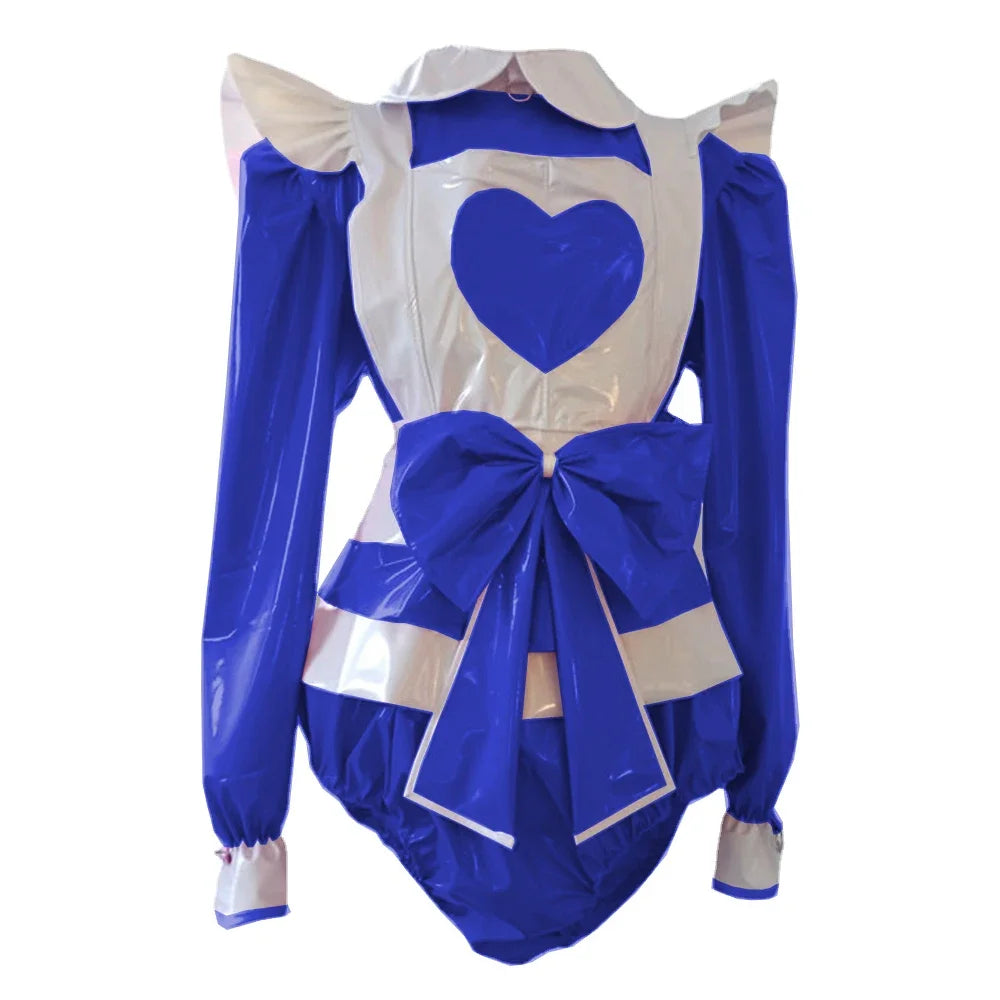 Long Sleeve heart Rompers Maid style with Big Bow Apron Spandex PVC Leather Cosplay Suits