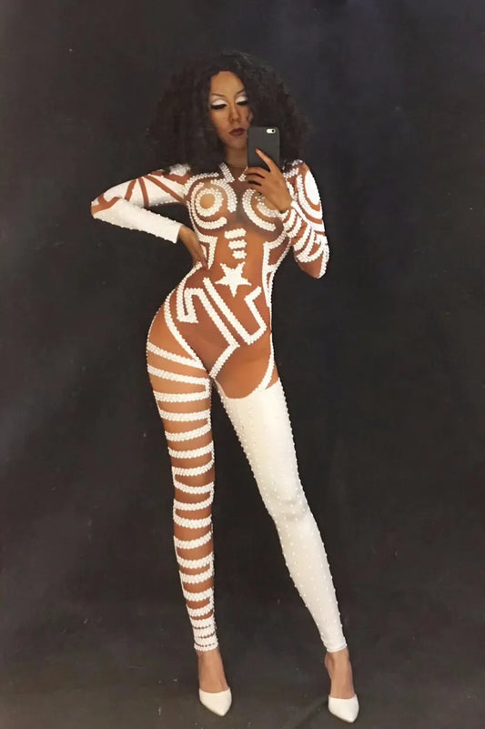 Sexy White Sparkling Rhinestones Jumpsuit Dj Nightclub Singer Costume Women Nightclub Party Stage Wear Costume Dance Singer Wear