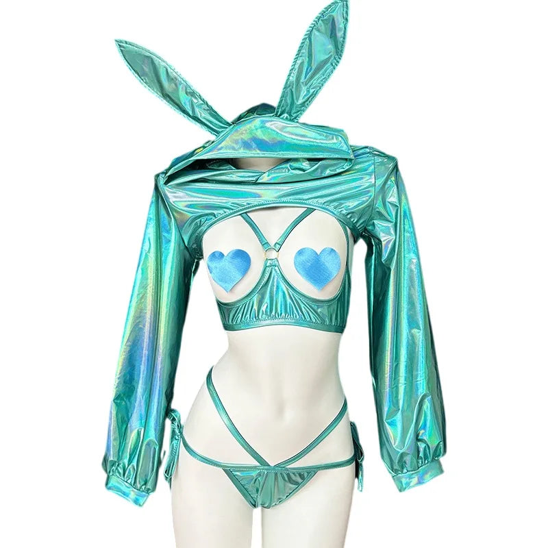 Anime Cute Bunny Girl Costumes Women Sexy Laser Leather Hooded Bodysuit Outfits Kawaii Rabbit Ears Uniform Bikini Set Nightdress