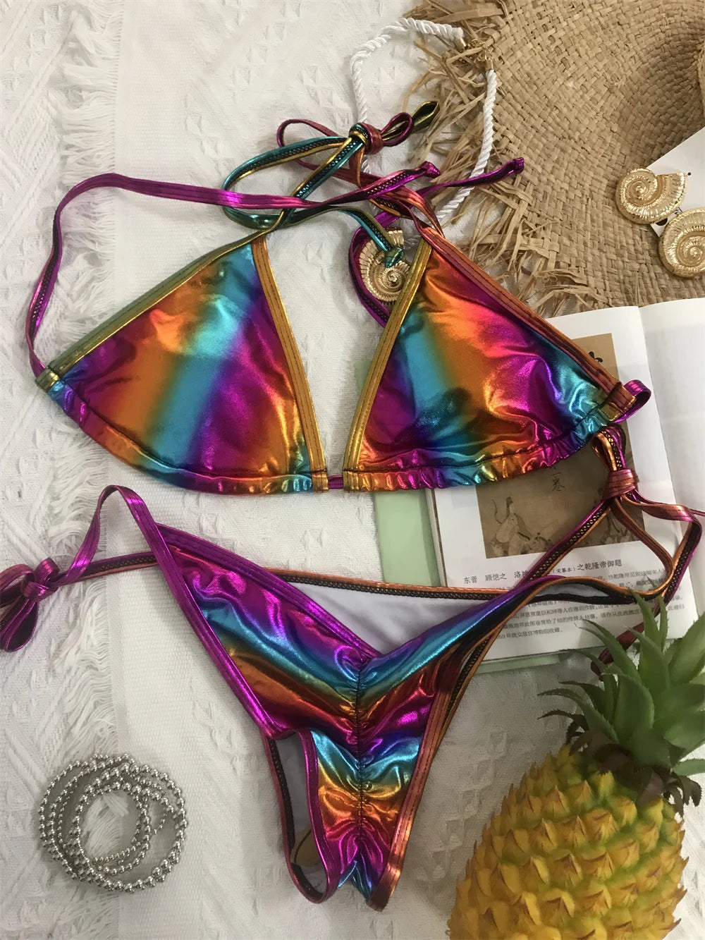 Melphieer 2024 Fashion Gold Shiny Beach Bikini Scrunch Butt Bather Bikinis Woman Swimwear Bathing Suit Beachwear S~XL E1248