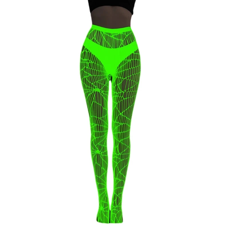 Women Glow in Dark Halloween Fishnet Pantyhose Luminously Spiderweb Skull Pattern Mesh Tights Stockings Party Hosiery