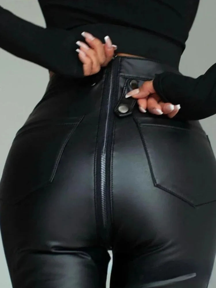 Winter Autumn Sexy Women PU Pants Black Fitness Slim High Waist Pencil Pants Zipper Streetwear Faux Leather Trousers for Women
