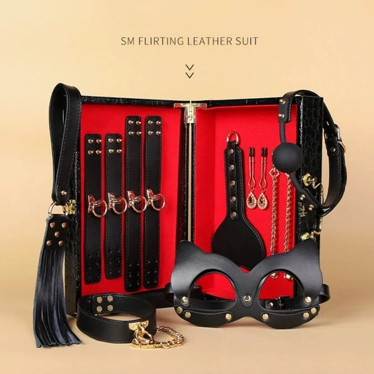Genuine Leather BDSM Bondage Set - High Quality Fetish Handcuffs, Collar, Gag & Whip for Women, Couples Adult Erotic Sex Toys