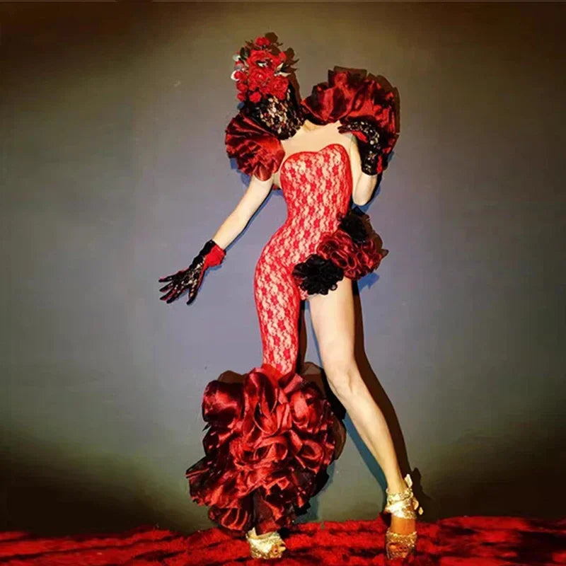 Rose Headgear Gogo Dance Clothing Nightclub Dancer Performance Costume Festival Rave Clothes Sexy Stretch Lace Bodysuit