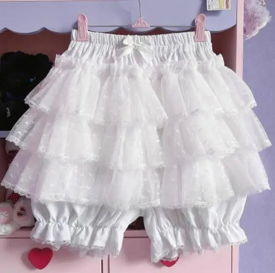Mikumn Harajuku Kawaii Blue Ruffles Pumpkin Pants Women Cute Lace Bow Lolita Safety Short Pants Vintage Victorian Bloomers