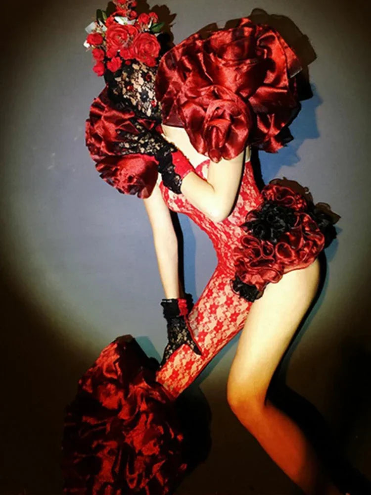 Rose Headgear Gogo Dance Clothing Nightclub Dancer Performance Costume Festival Rave Clothes Sexy Stretch Lace Bodysuit
