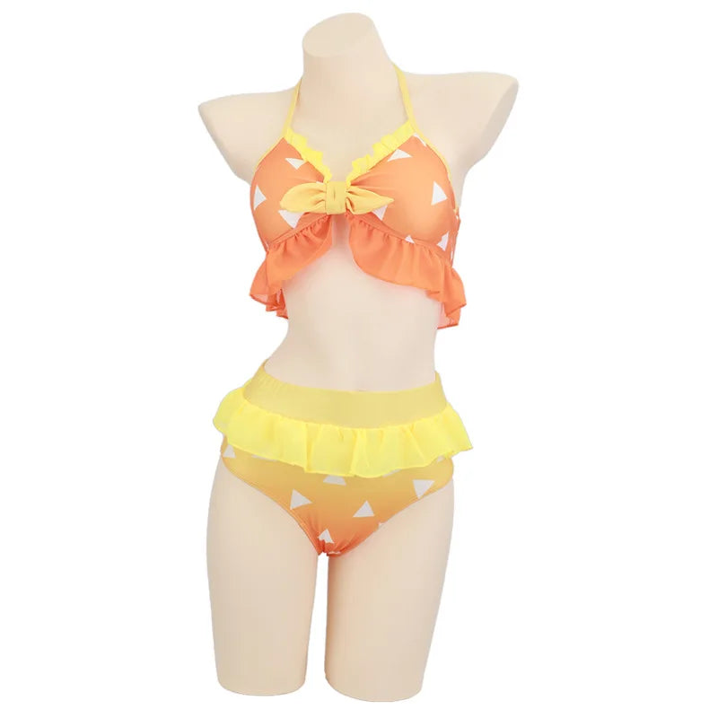Anime Demon Slayer Kamado Tanjirou Cosplay Costume Nezuko Zenitsu Bikini Beach Halloween Summer Split Swimsuit Set