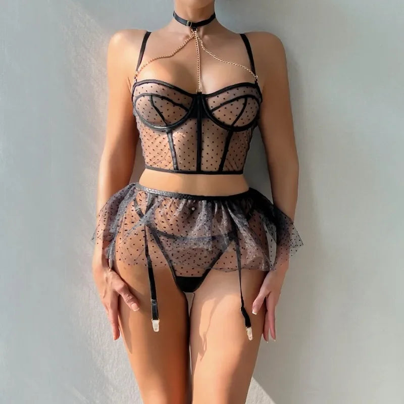 Toucheart Sexy Female Hot Suspender Three-point Underwear Set Lace Mesh Sexy Lingerie Lingerie for Women Sexy Bodysuit Lingerie