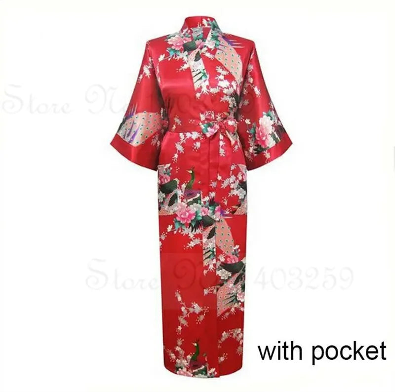 Women Long Robe Kimono Bathrobe Gown with Pockets Sexy Wedding Bride Bridesmaid Dressing Gown Oversize Satin Homewear Loungewear