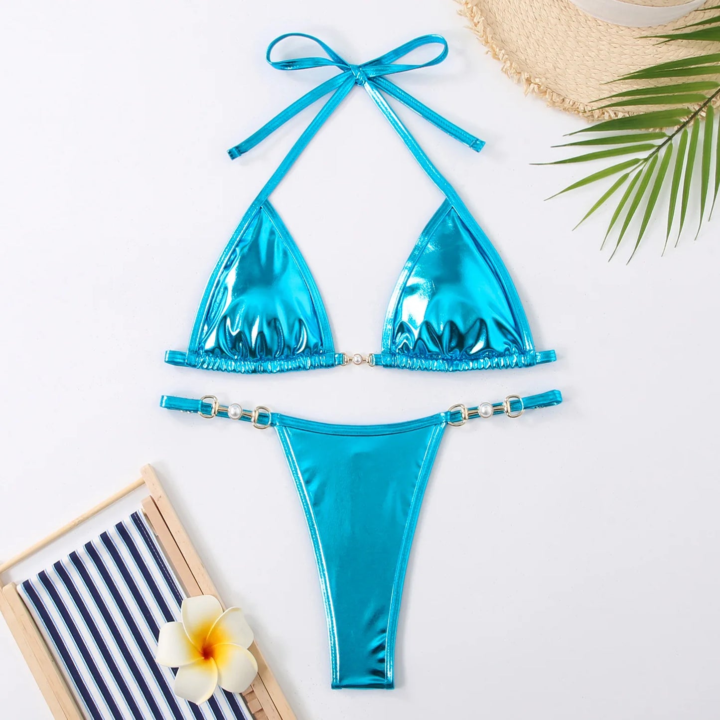 Metallic Halter Triangle Bikinis Sets Thong Swimsuit
