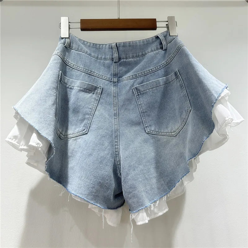 New Fashion Women's Patchwork Hem Wash Denim Shorts 2025 Summer Trendy High Waist A-line Short Pants Female