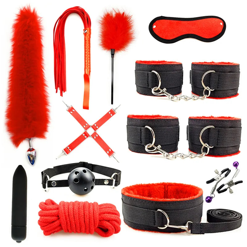 Adult Products Sextoy BDSM Bondage Set Handcuffs Whip Anal Plug Collar Gag Rope Leather Restraint Kits Sex Toys for Couples