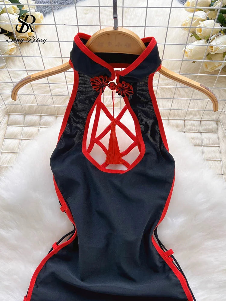 SINGREINY Women Halter Pajamas Dress Hollow Out Lace-up Slim Erotic Short Night Dress Pendant Retro Cheongsam Sexy Nightwear