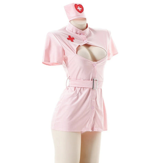 Sexy Nurse Costume Uniform Cosplay Hollow Nurse Dress Pink Kawaii Doctor Role Play Passion Seduction Set Lingerie For Women New