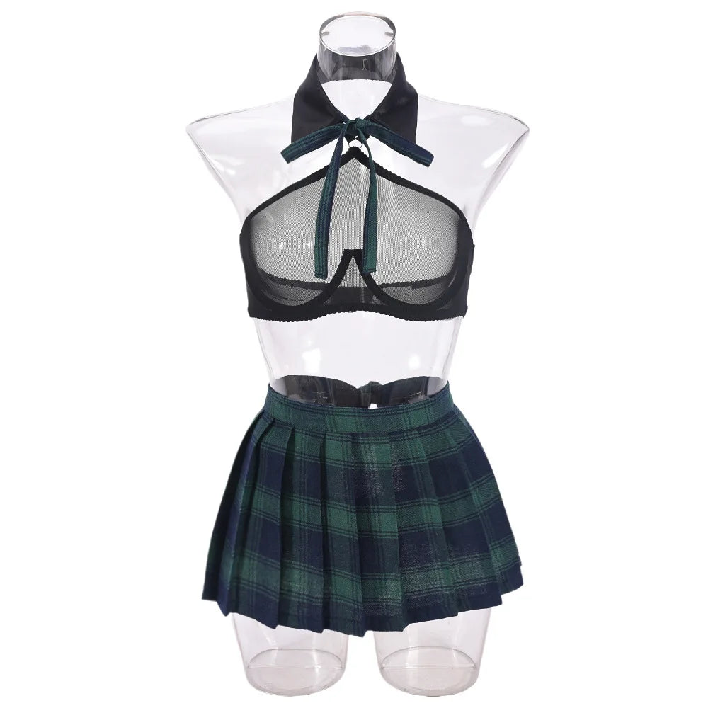 Toucheart Teacher Cosplay Lingerie Sheer Mesh Underwear Halter Bra Plaid Skirt Sissy Erotic Crotchless Briefs Outfits Jk Uniform