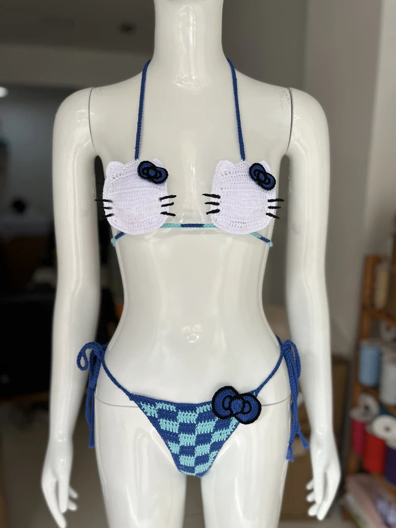8 colors High Quality Handmade Crochet Micro Bikini Set Sexy String Brazil Bathing Suit Top Grade Cotton Fabric Kitty Swimwear