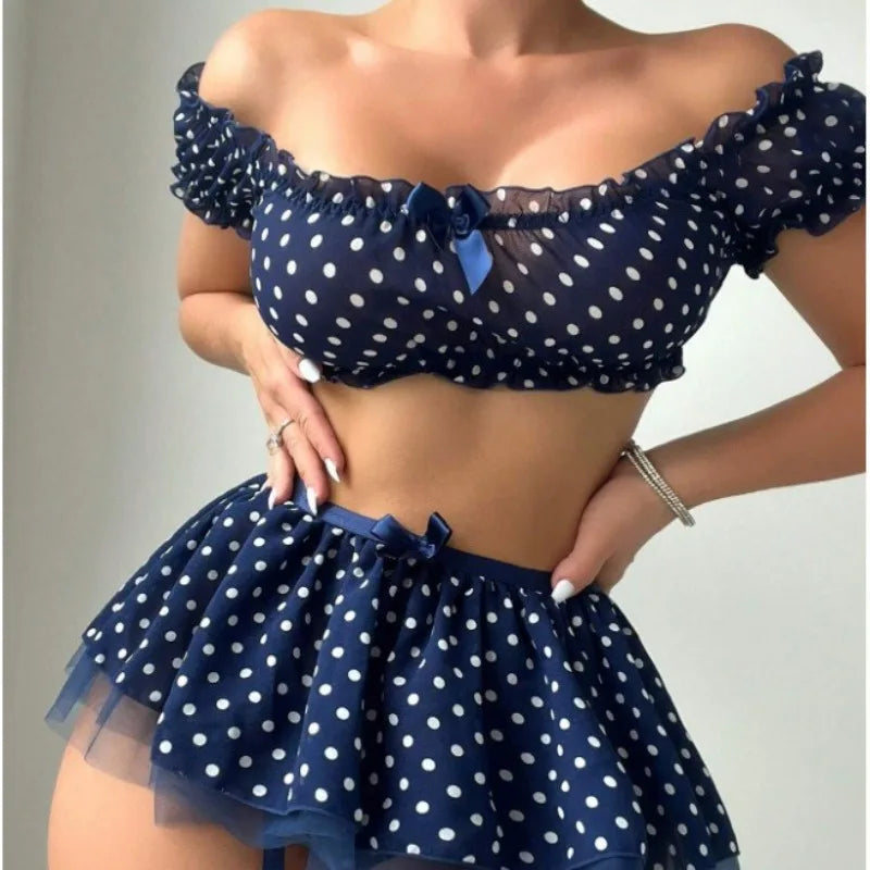 Toucheart Sexy Lingerie Suit For Women Bow Knot Mesh Patchwork Polka Dot Off-shoulder Polka Skirt Sexy Exposed Navel Underwear