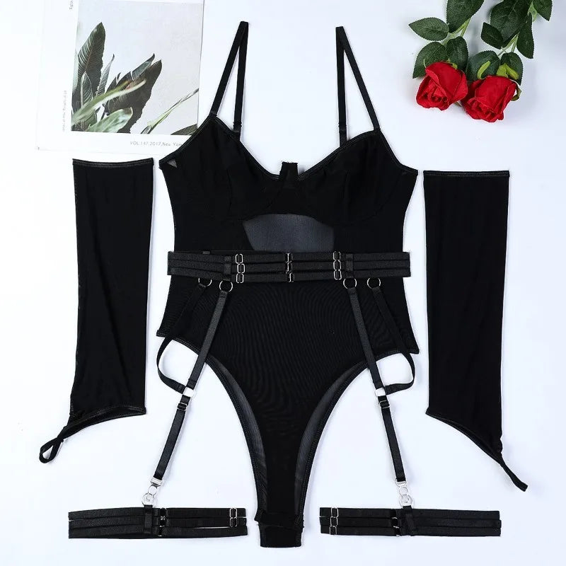 Toucheart Sexy Lingerie Onesie Suit for Women Solid Color Mesh Lace Up See-through Underwear Suit Sexy Gloves Garters Underwear