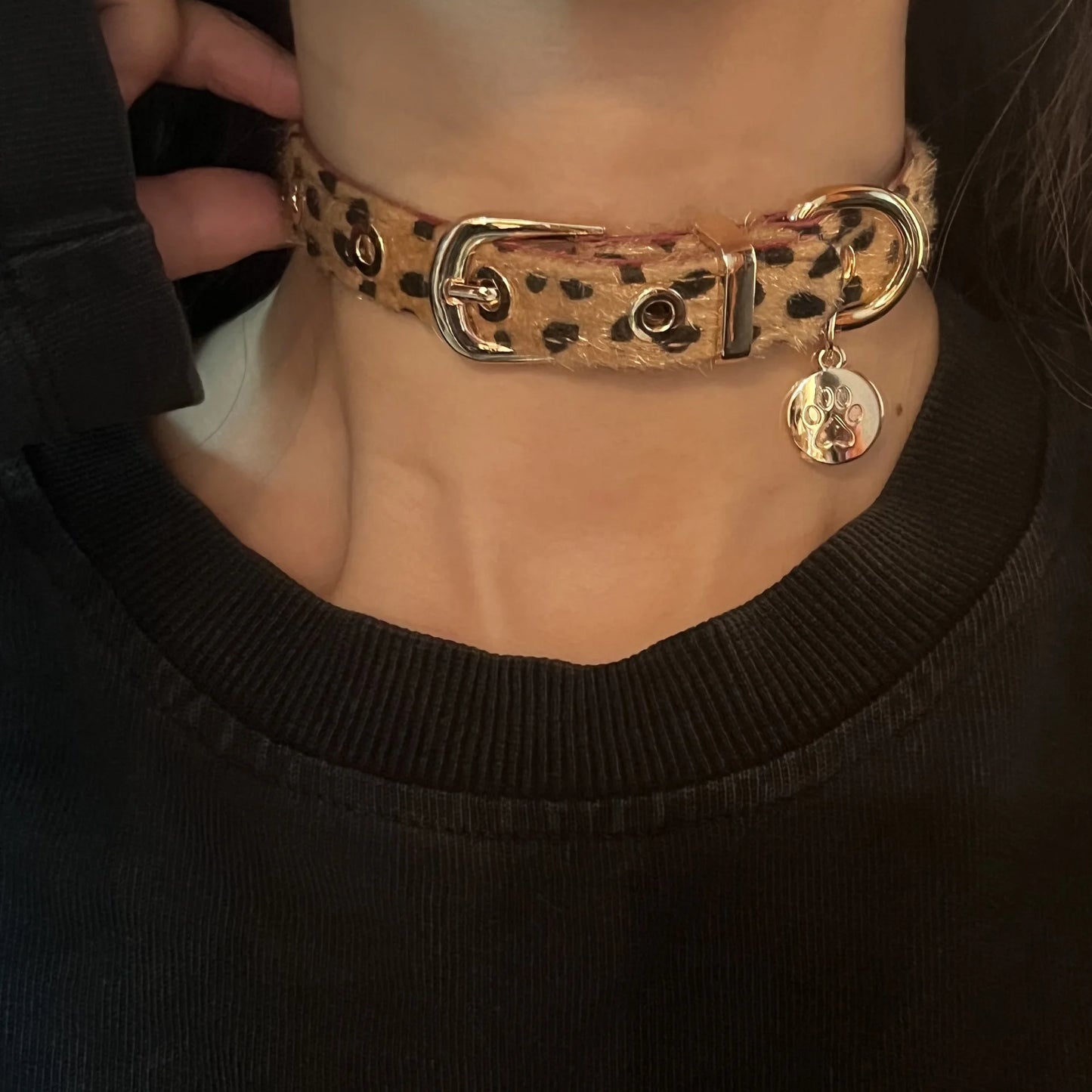 Y2k Sweet Cool Punk Puppy Footprint Tag, Leopard Pattern Horse Hair Choker Collar Leather Neck Belt Party Necklace