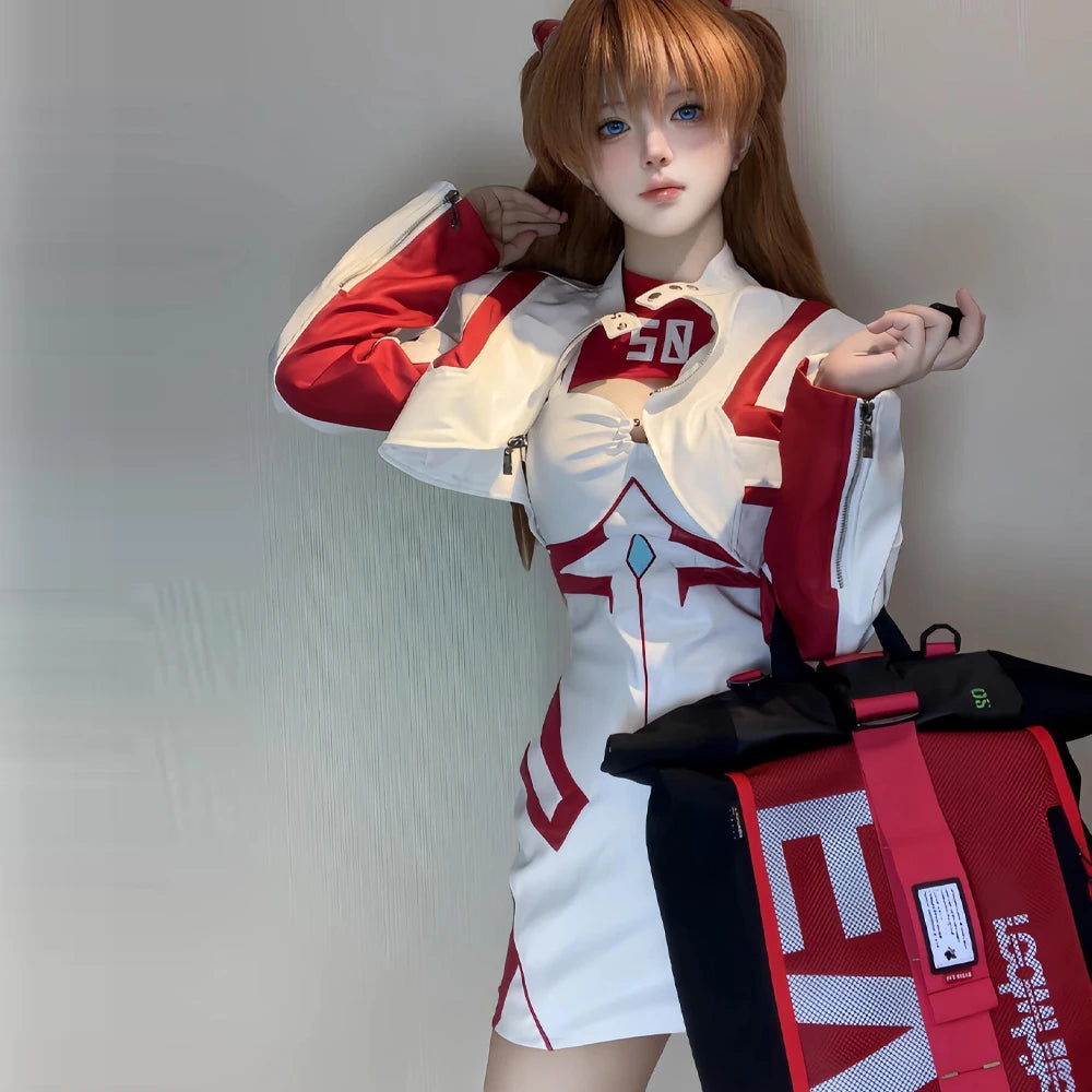 Ayanami Rei White Leather Motorcycle Uniform Asuka Langley Soryu Cosplay Costume Women  Anime Cosplay Leather Coat and Dress