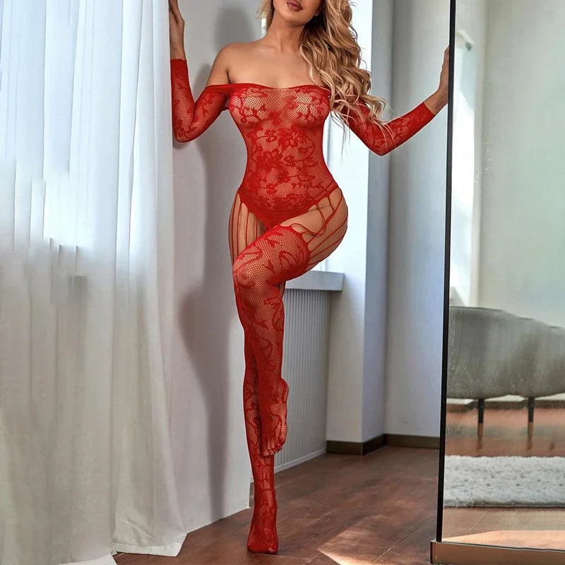 Toucheart Purple Sexy Bodysuit Party Jacquard Off-Shoulder Body Shaping Jumpsuit for Women Solid Color Mesh Hollow Sexy Bodysuit