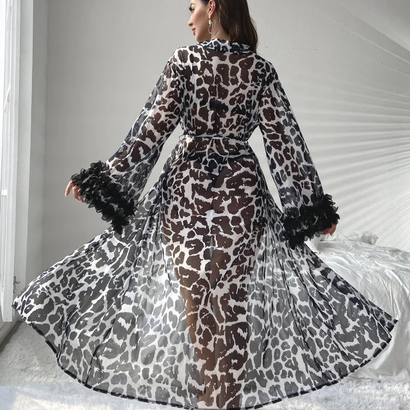 New Long Robe Sleepwear Female Sexy Leopard Morning Gown Long Kimono Bathrobe Gown Women Satin Nightwear Nightgown Loungewear