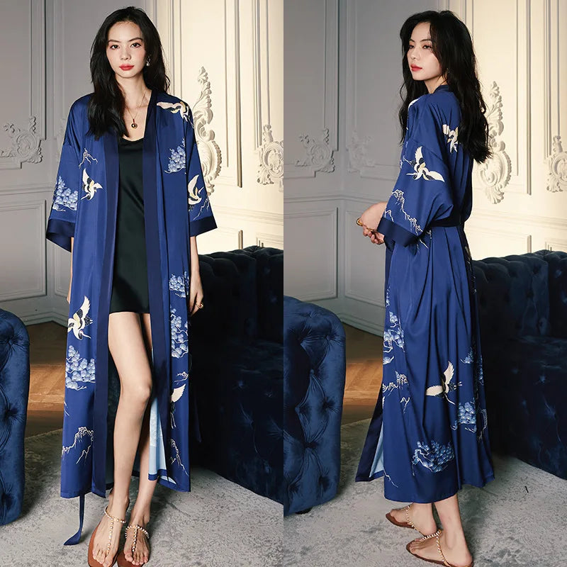 Oversize Long Robe Spring Summer Women Sleepwear Kimono Bathrobe Gown Sexy Satin Nightwear Nightgown Loose Home Dressing Gown