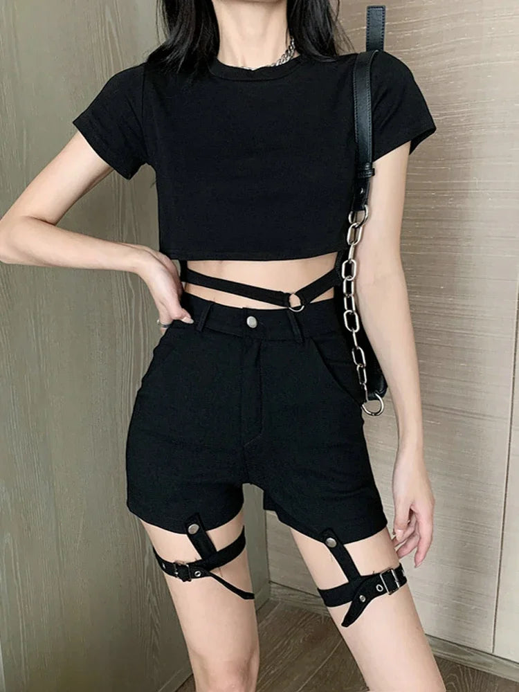Harajuku Retro Fashion Women 2023 New Gothic Punk Shorts Solid Color Belt Patchwork High Waist Gothic Style Spring Ladies Shorts
