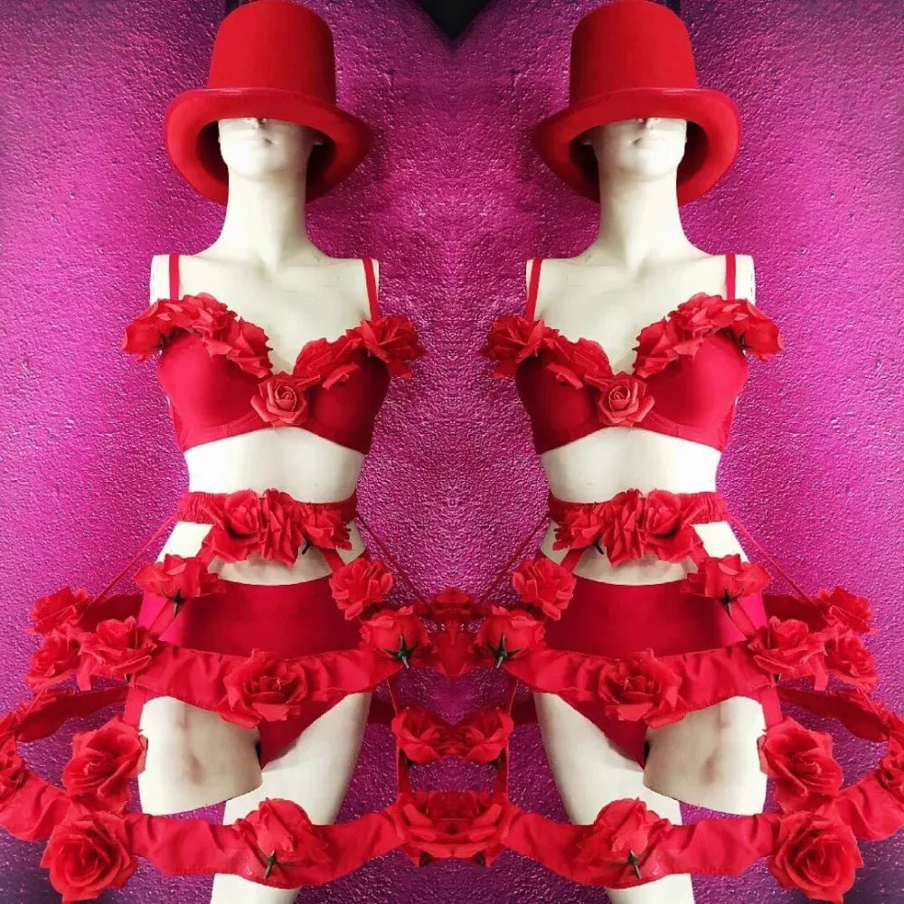 Valentine's Day Costume Red Rose Flower Tiered Skirt Dance Outfit Adult Carnival Party Bar Nightclub Performance Sexy Stage Wear