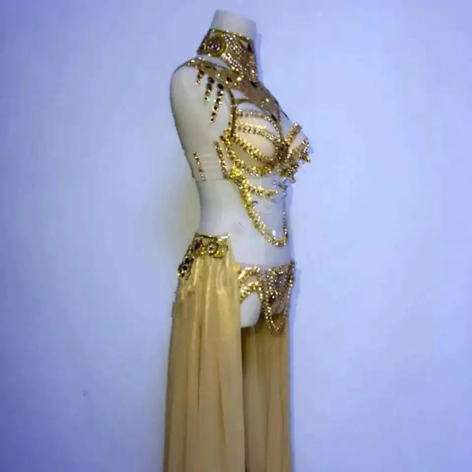 Taylor Swift Show Girl Replica Costume Women's White Gold Rhinestones Bikini Long Trailing Skirt Set Singer Host Stage Outfit Model Catwalk Performance Costume