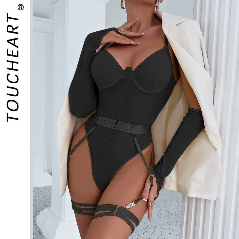 Toucheart Sexy Lingerie Onesie Suit for Women Solid Color Mesh Lace Up See-through Underwear Suit Sexy Gloves Garters Underwear