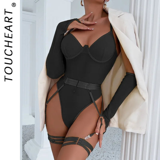 Toucheart Sexy Lingerie Onesie Suit for Women Solid Color Mesh Lace Up See-through Underwear Suit Sexy Gloves Garters Underwear