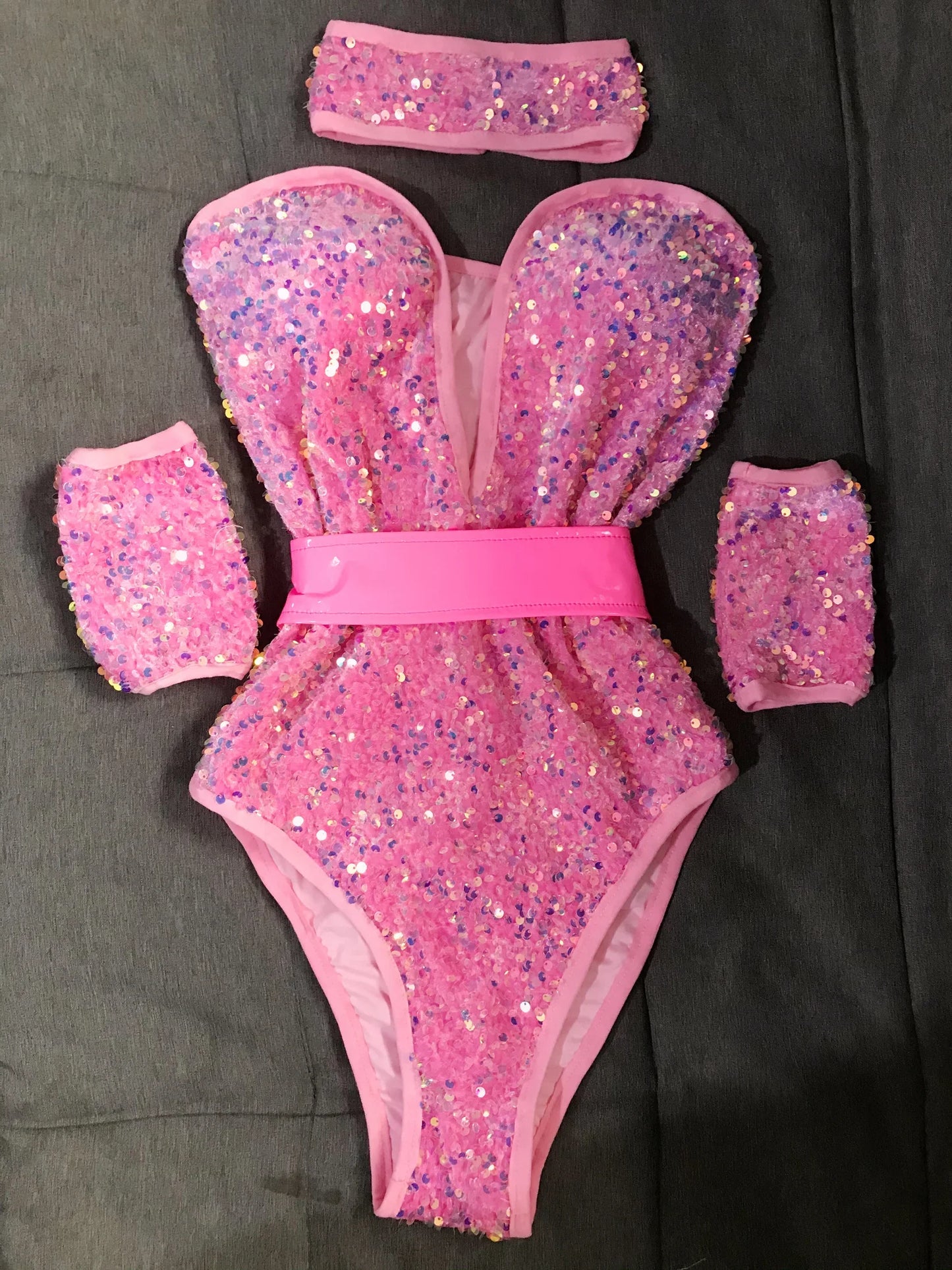 Bodysuit Sexy Deep V Neck Pink Sequins Bar Nightclub Female Singer Dancer Stage Wear Team DJ Jazz Dance Show Performance Costume