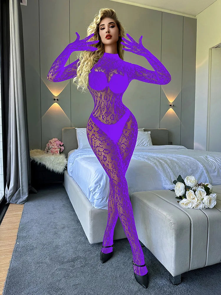 Toucheart Sexy Mesh Jumpsuit Women's Underwear Long-sleeved Jumpsuit Fishnet Top with Closed Crotch Perspective Sexy Jumpsuit