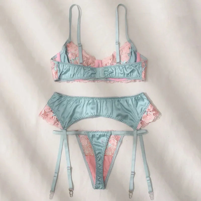 Ashburn Sexy Embroidery Underwear Set For Women Lace Flowers Patchwork Mesh See-through Sexy Garters 3 Piece Underwear Set New