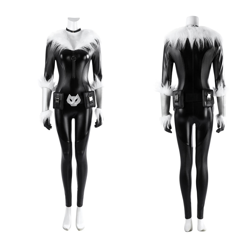 Sexy Zentai Black Cat Felicia Hardy Cosplay Fortnit e Costume Leather Jumpsuit Mask Waist Bag Accessories  Halloween Uniform