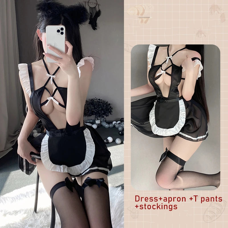 Sexy Lingerie Women's Role Play Babydoll Dress Hollow Out Cosplay Costumes Maid Uniform French Hot Apron Wild Sweet Servant Set