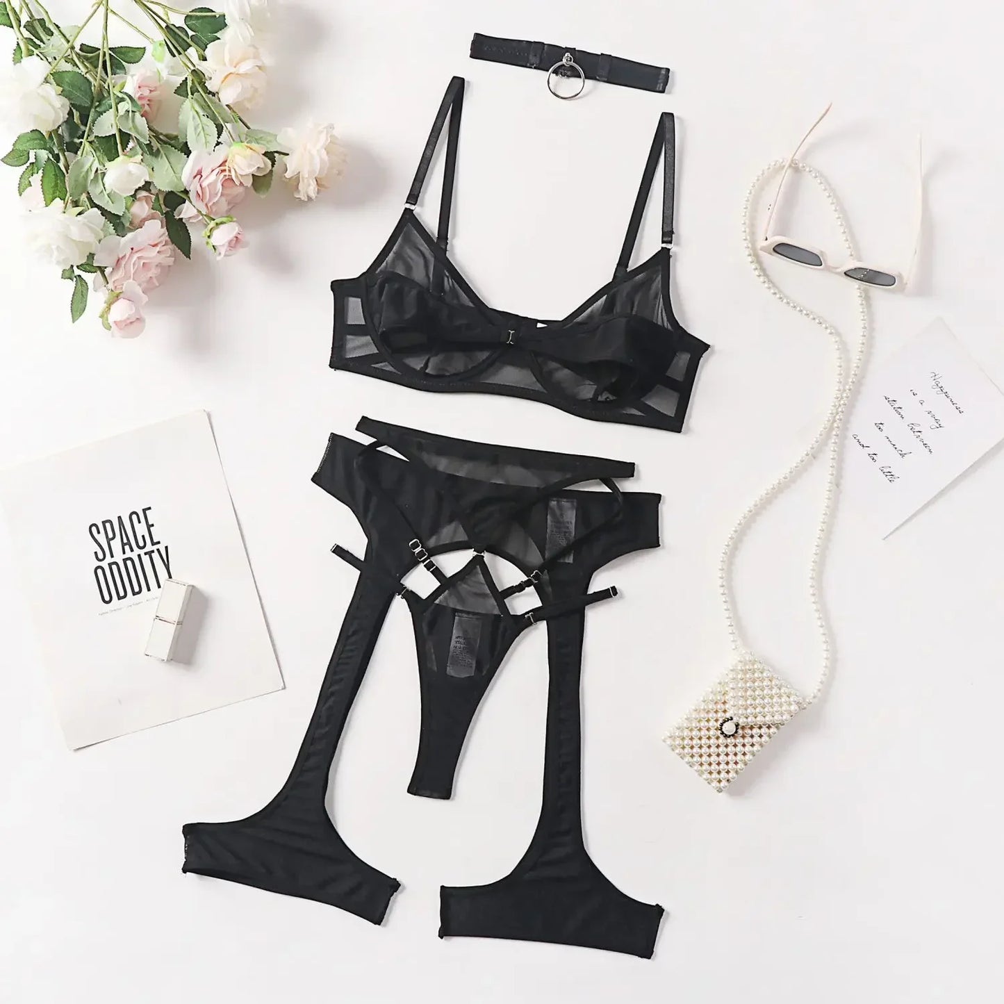 Toucheart Sexy Lingerie Garter Belt Halter Bra Underwear Women Mesh Patchwork Micro Perspective Solid Color Sexy Underwear Set