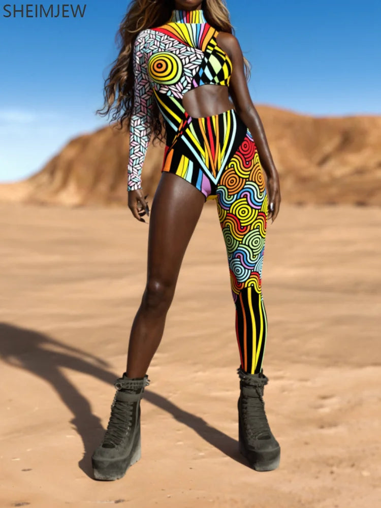 Colorful Irregular Art Striped Jumpsuit Women's Cyberpunk Role Play Costume Halloween Personality Half-sleeve Performance Tights