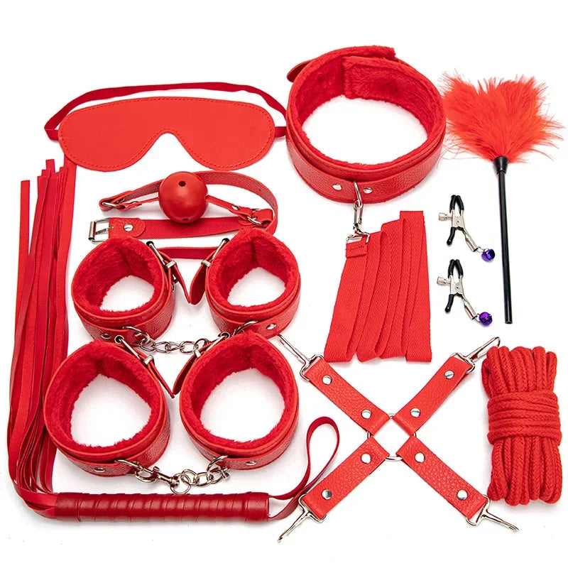 BDSM Kits Sexy Leather Plush Sex Bondage Set Handcuffs Sex Games Whip Gag Nipple Clamps Sex Toys For Couples Exotic Accessories