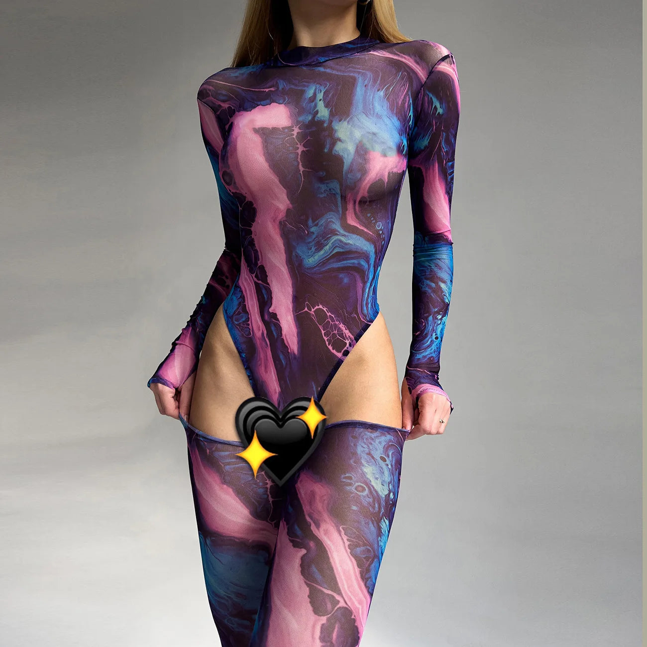 Sexy High Fork Tie Dye Print Bodysuit Women Long Sleeve Cyber Body T-Shirt Game Cosplay Jumpsuit Costume Mesh Transparent
