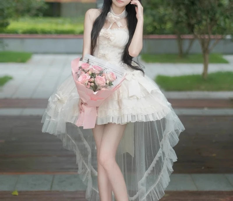 Red Lolita Strapless Dress Spring and Summer New Sweet Girl Ladies High Waist Elegant with Tail Party Short Dresses for Women